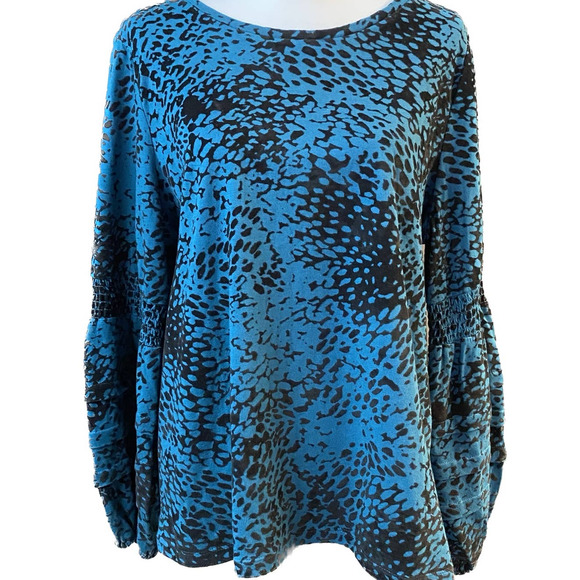 Chico’s Tops - Chico’s Popover Top, Women's Size 3 (16) Bishop Sleeves, Blue w/Black Flocking